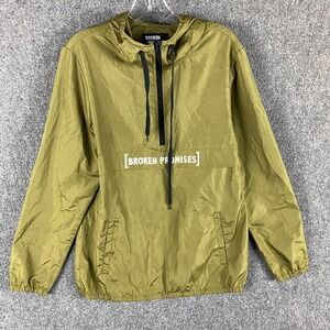 Broken‎ Promises Windbreaker Jacket Men's Medium Pullover Green 1/4 Zip Hooded